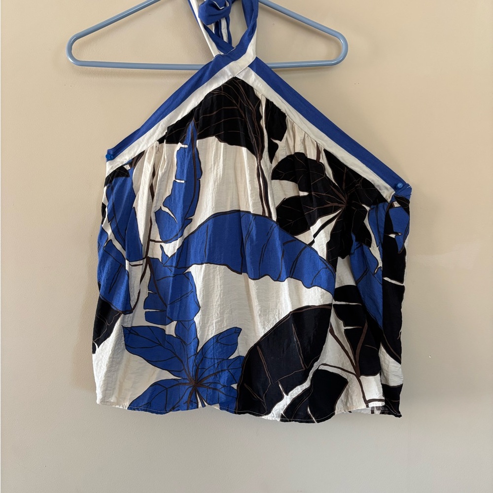 Sofia by Sofia Vergara Blue and Black Leaf Print Halter Top